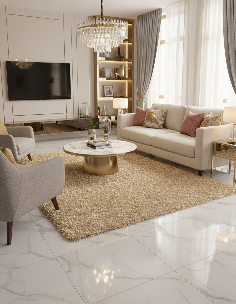 CIRRUS Gold 5' x 8' Luxury Shaggy Area Rug with Metallic Shimmer