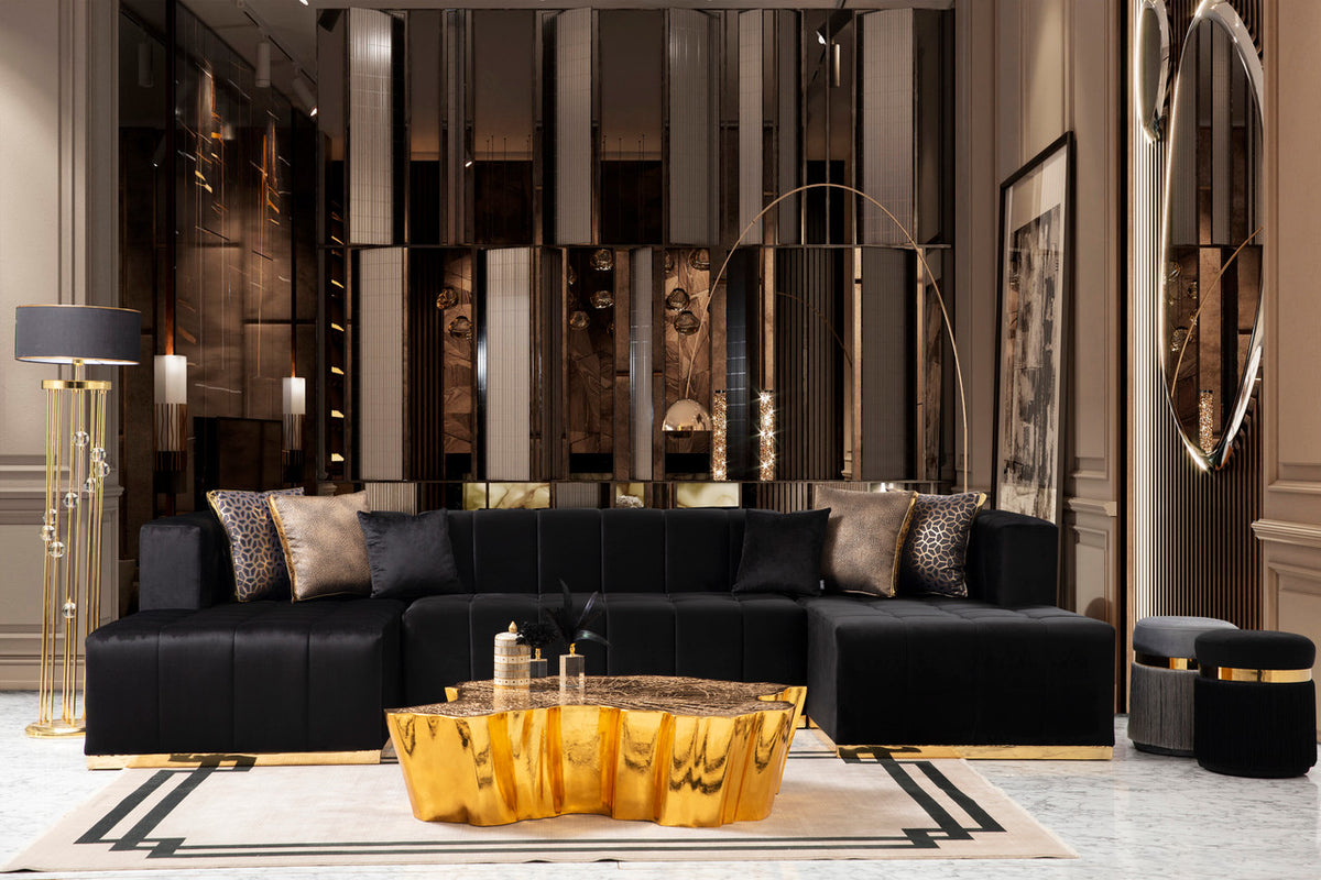 CLEMENCE Black Velvet 138" Wide Double Chaise Sectional