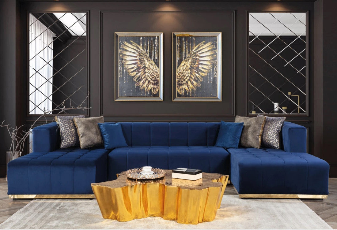 CLEMENCE Blue Velvet 138" Wide Double Chaise Sectional