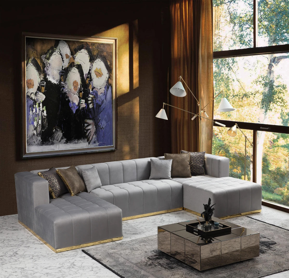 CLEMENCE Gray Velvet 138" Wide Double Chaise Sectional