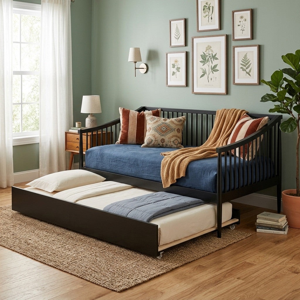 CONALLY Black Wood 81" Wide x 40" Height Daybed with Trundle