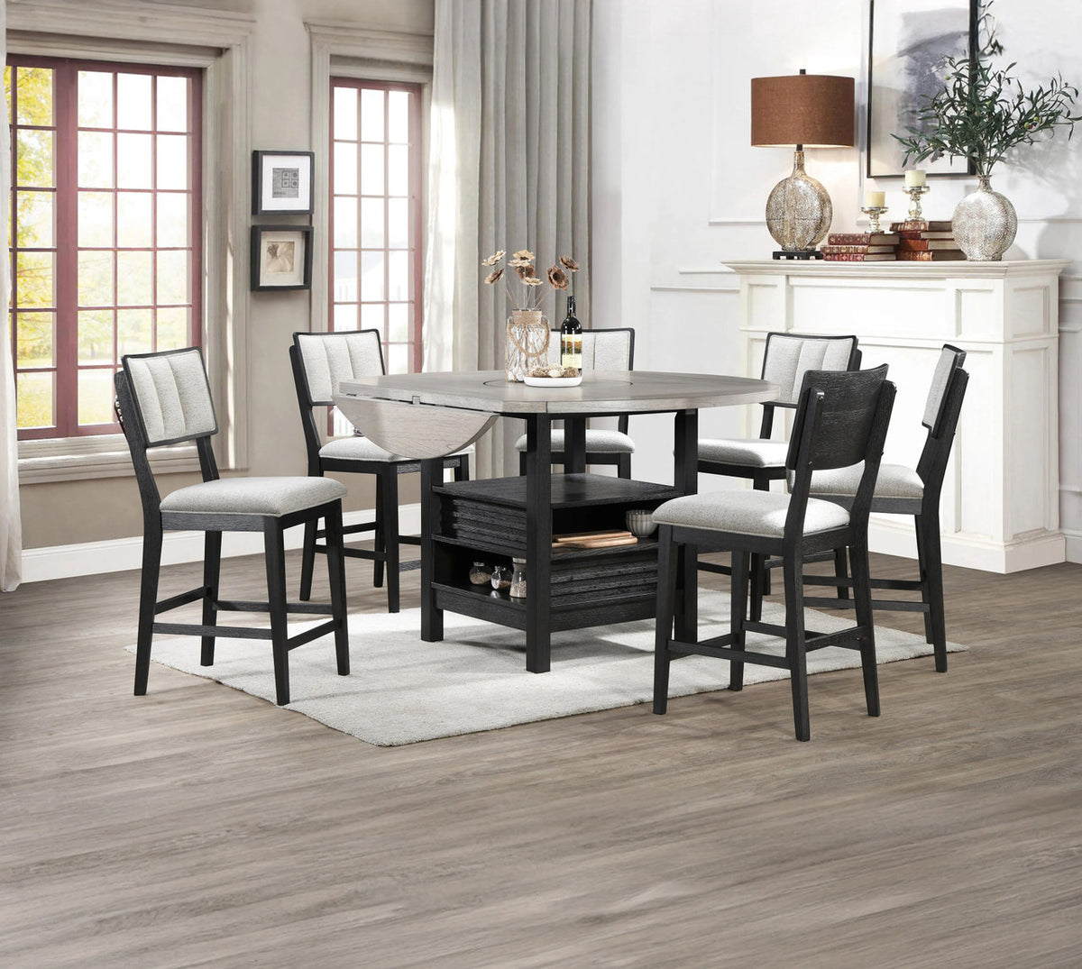 CORINA 7 Piece Round to Square Counter Height Set with Lazy-Susan