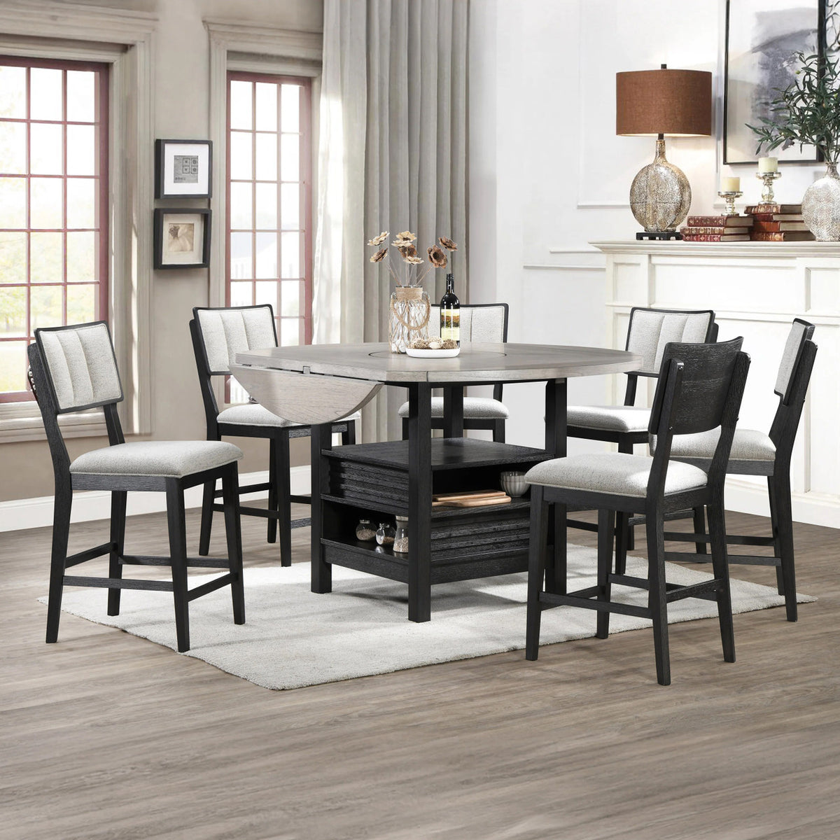 CORINA 7 Piece Round to Square Counter Height Set with Lazy-Susan