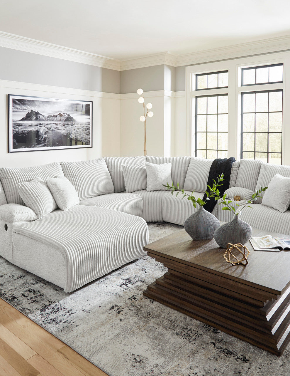 CORSICA Alloy Corduroy 144" x 130" 6 Piece Reclining Sectional with 2 Recliners