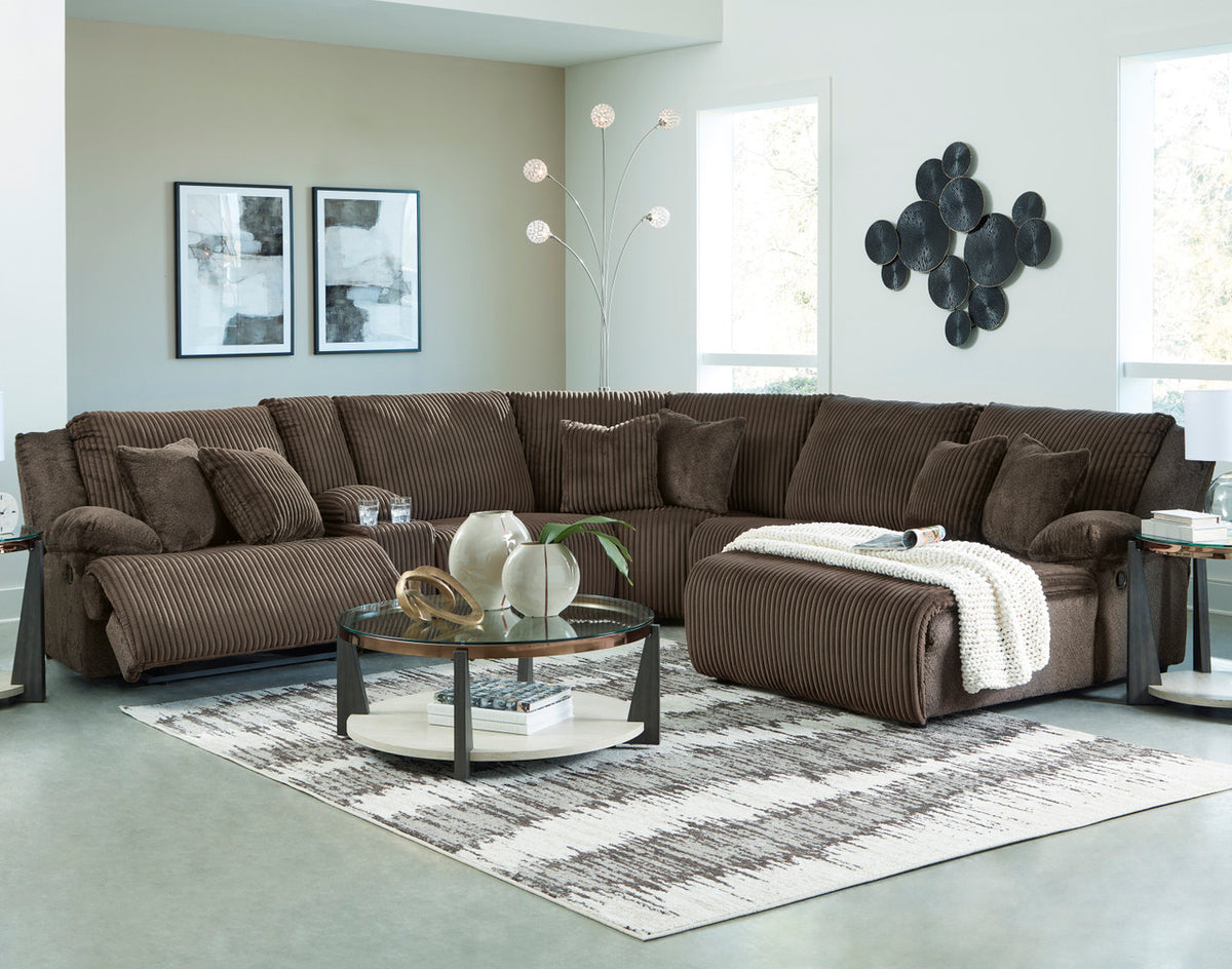 CORSICA Chocolate Corduroy 144" x 130" 6 Piece Reclining Sectional with 2 Recliners
