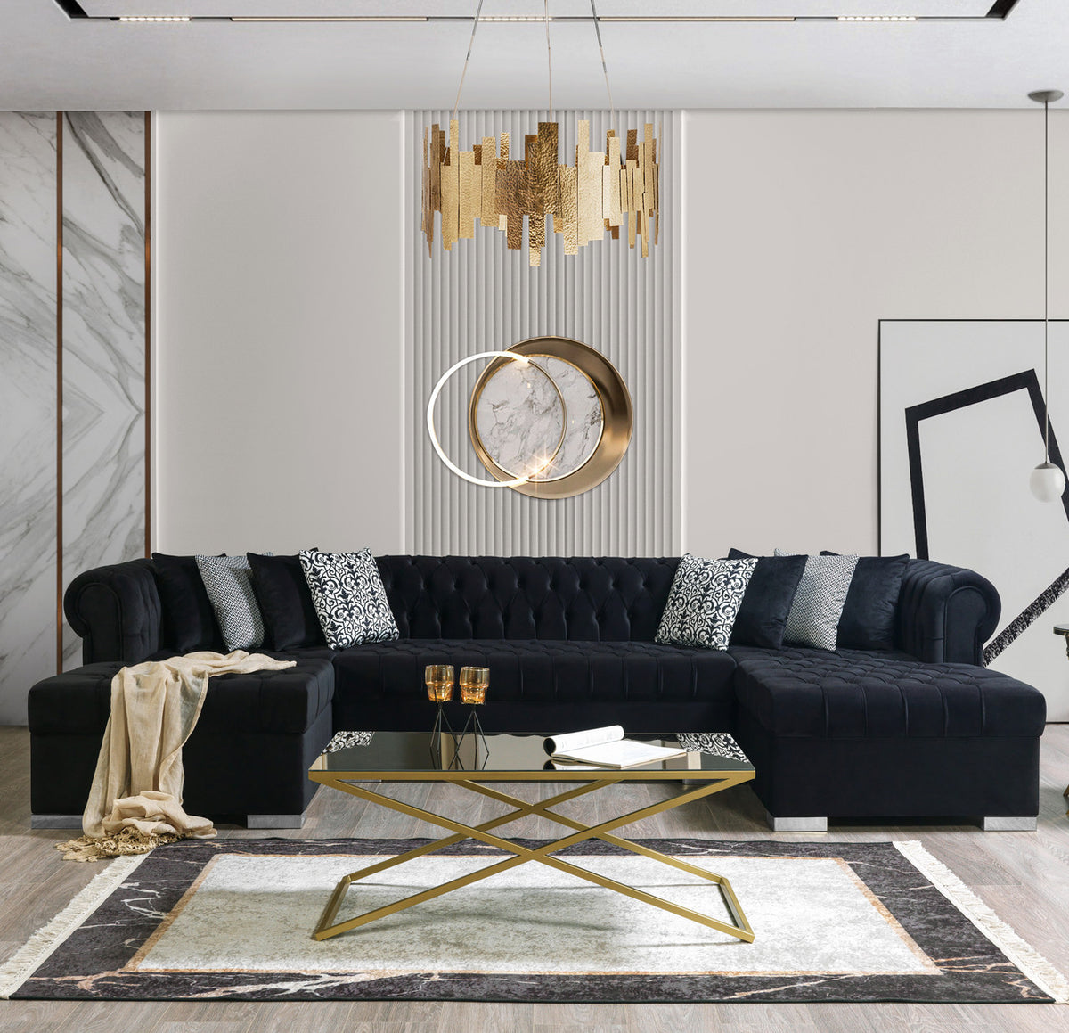 CUTLASS Black Velvet 142" Wide Double Chaise Sectional
