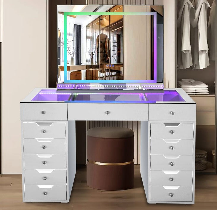 CLARISSA LED Vanity with Bluetooth Speakers & Lights in Drawers