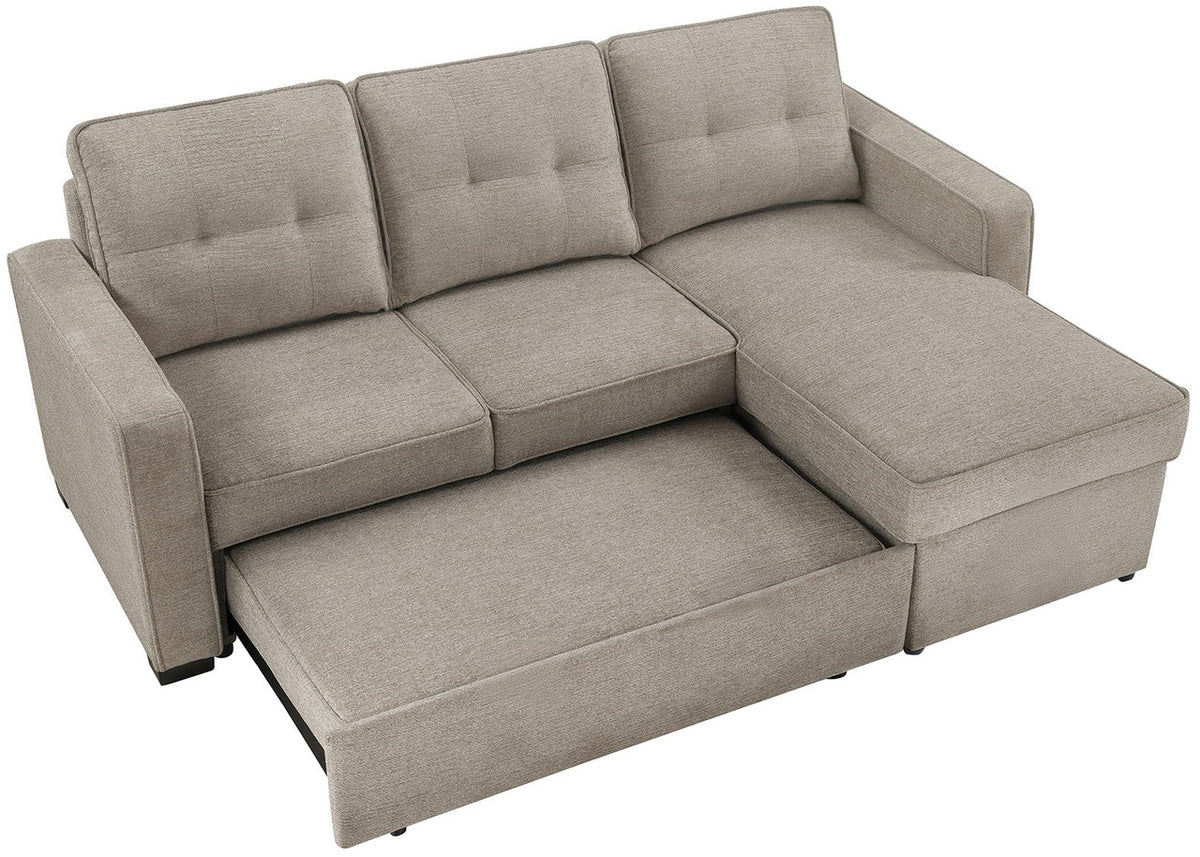 DAPHNE Light Brown Chenille 87" Wide Reversible Sectional with Pull-Out Sleeper & Storage (RTA)