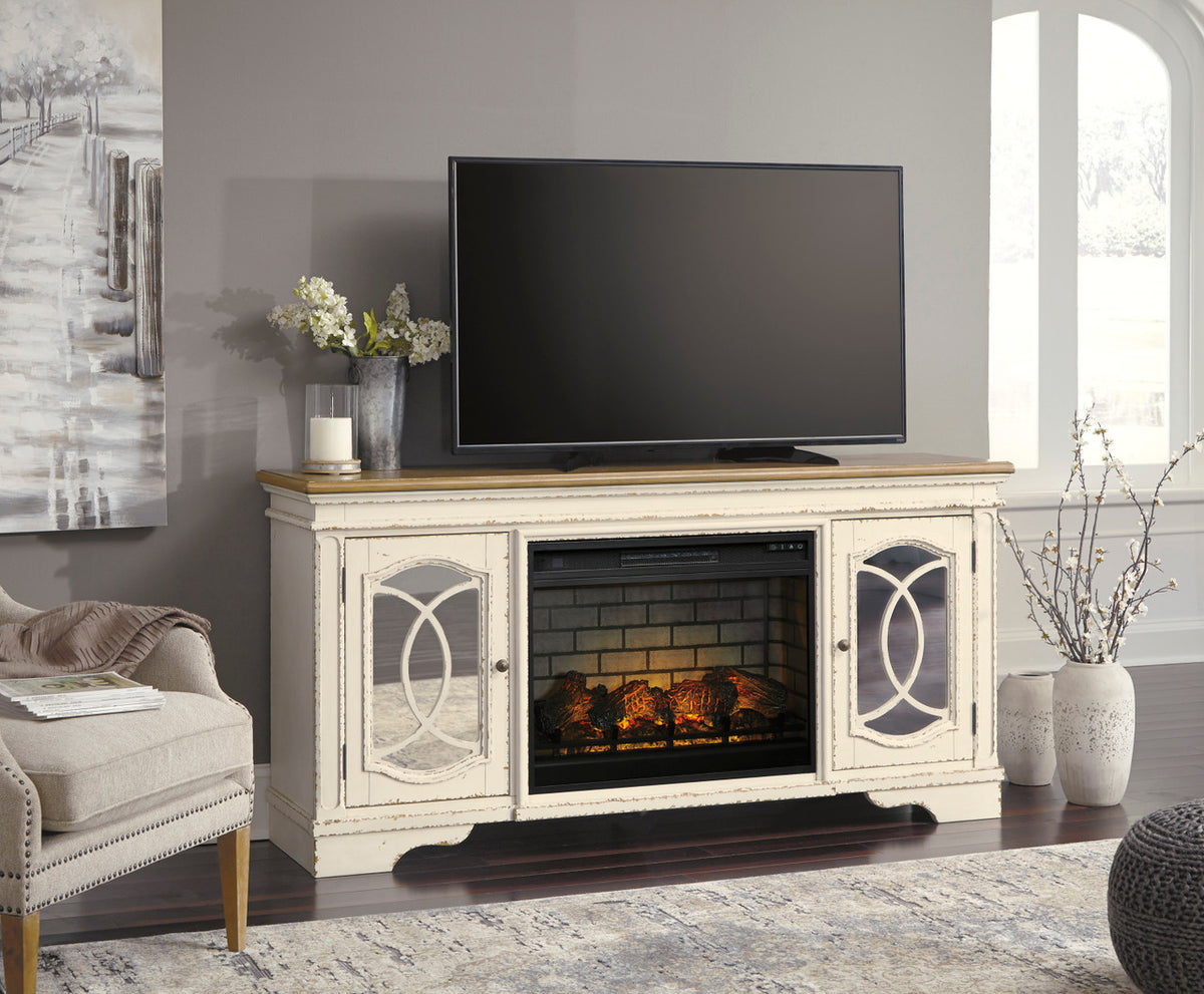 DELREY Antique White 74" Wide x 36" Height TV Stand with Fireplace