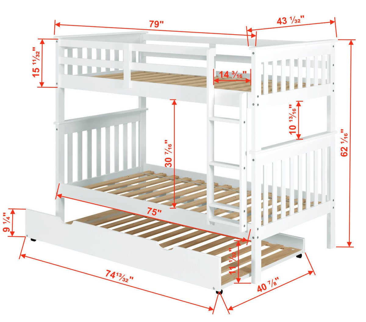 DERIK White Twin Bunk Bed with Trundle