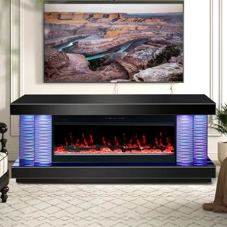 DINNA Black 71" Wide x 28" Height TV Stand with Fireplace & Bluetooth Speakers