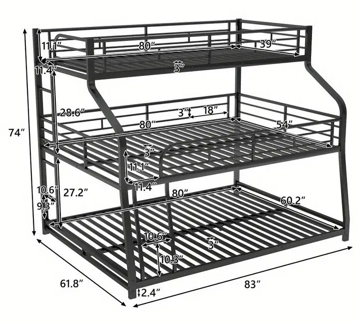 DOSKLY Black Twin over Full over Queen Triple Platform Bunk Bed