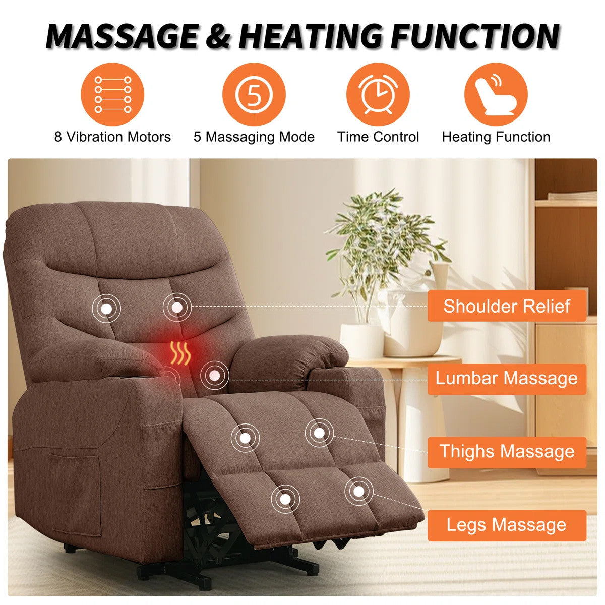 DUBOIS Brown Linen 34" Wide x 42" Height Power-Lift Recliner | with Vibration-Massage, Heating and Cupholders
