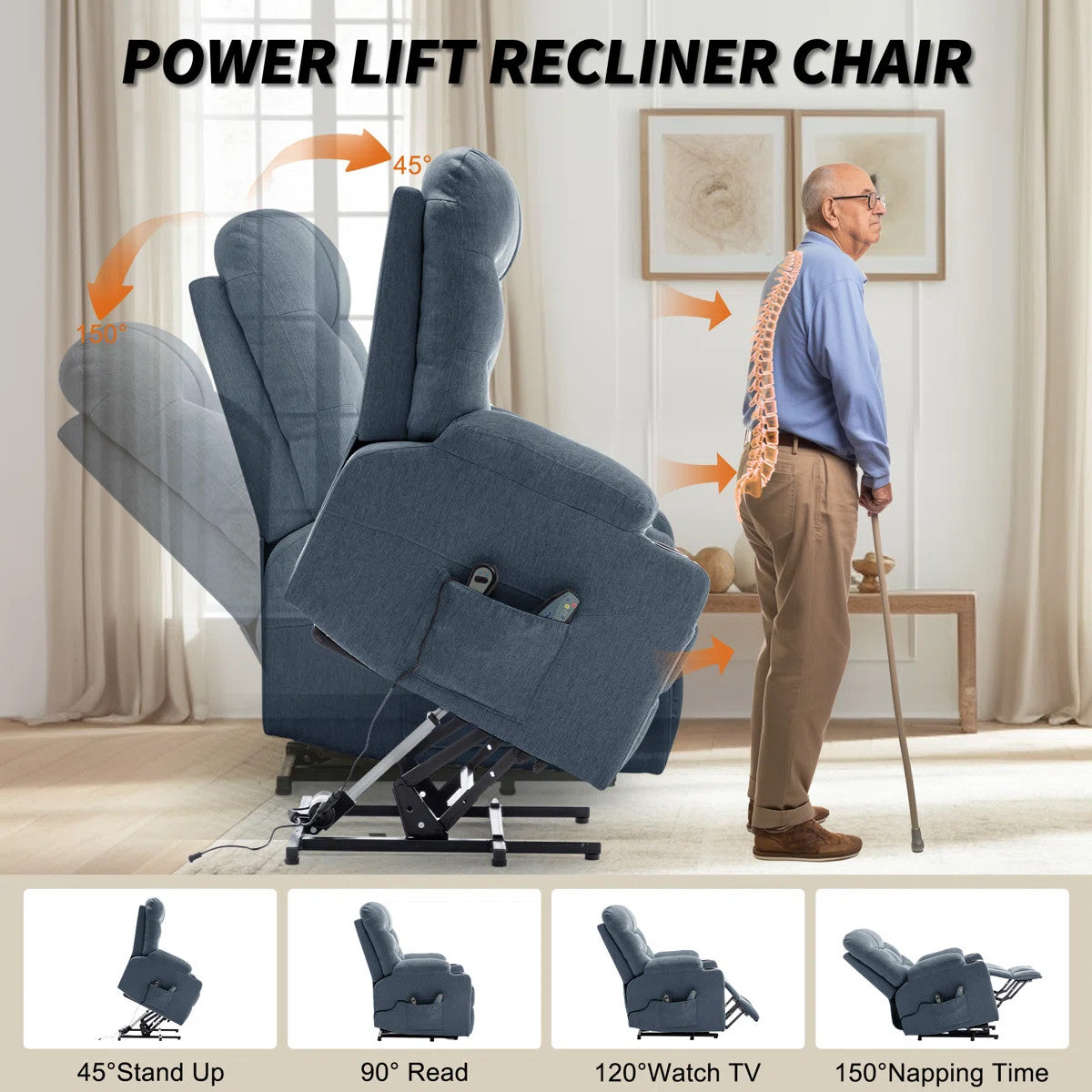 DUBOIS Blue Linen 34" Wide x 42" Height Power-Lift Recliner | with Vibration-Massage, Heating and Cupholders