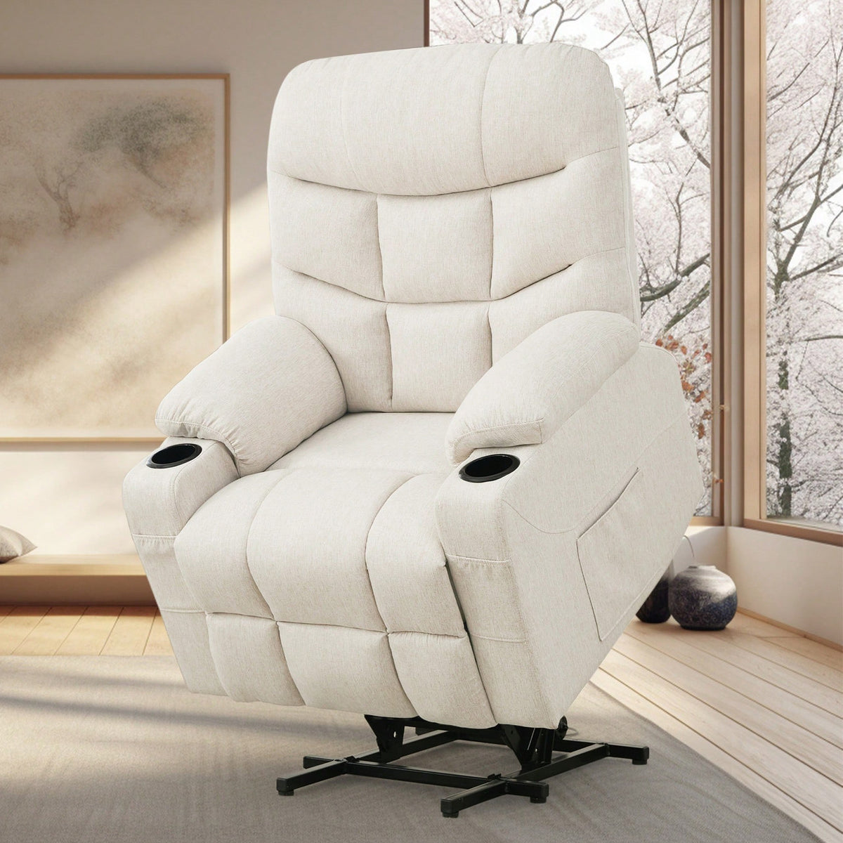 DUBOIS Beige Linen 34" Wide x 42" Height Power-Lift Recliner | with Vibration-Massage, Heating and Cupholders