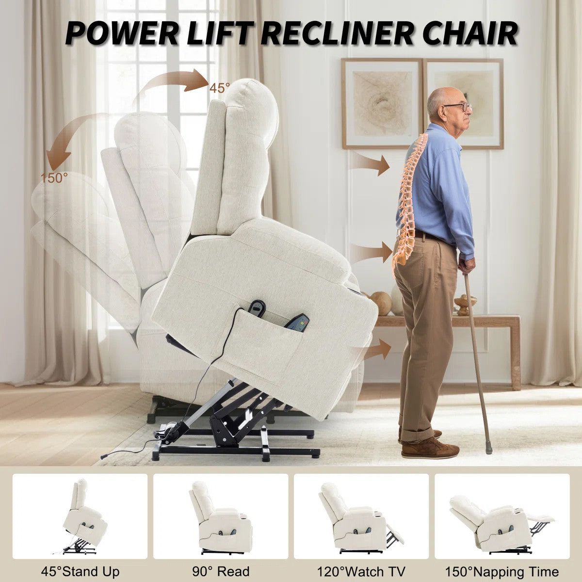DUBOIS Beige Linen 34" Wide x 42" Height Power-Lift Recliner | with Vibration-Massage, Heating and Cupholders