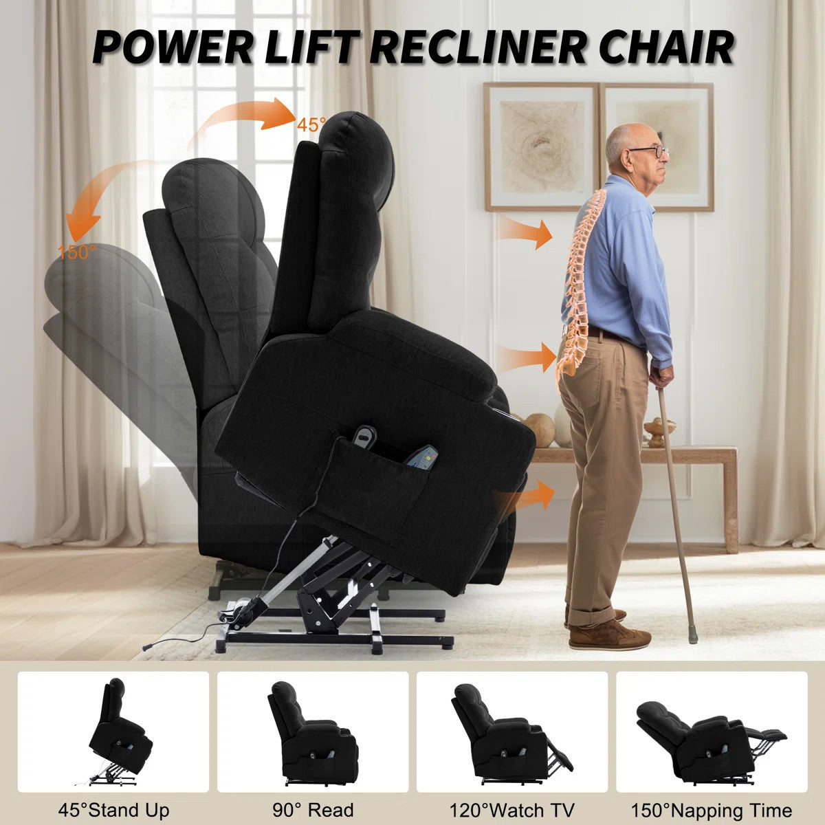 DUBOIS Black Linen 34" Wide x 42" Height Power-Lift Recliner | with Vibration-Massage, Heating and Cupholders
