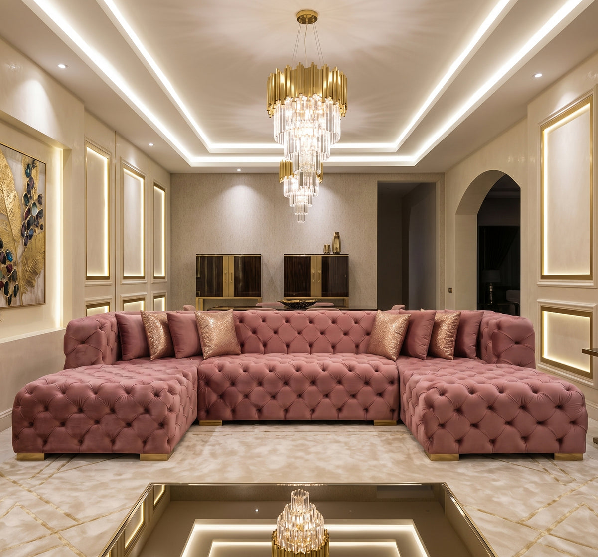 ELEGANTE Pink Velvet 139" x 69" Double Chaise Sectional