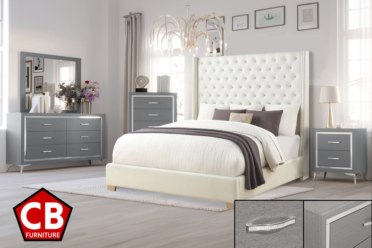 ELEINA White Faux Leather Bedroom Set