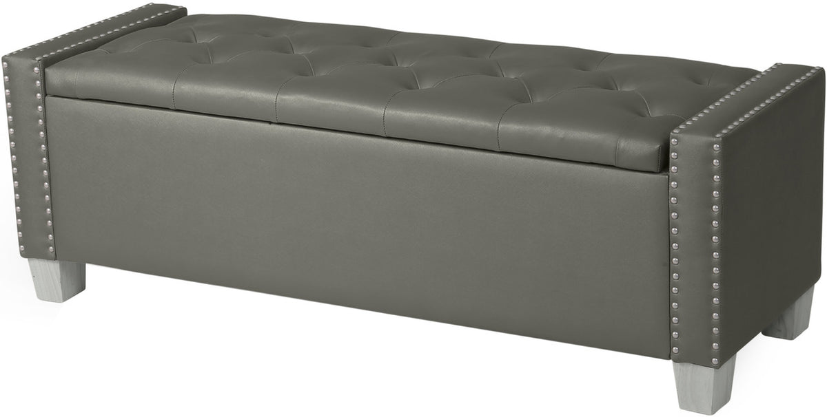 ELENA Silver Faux Leather 52" Wide Storage Bench