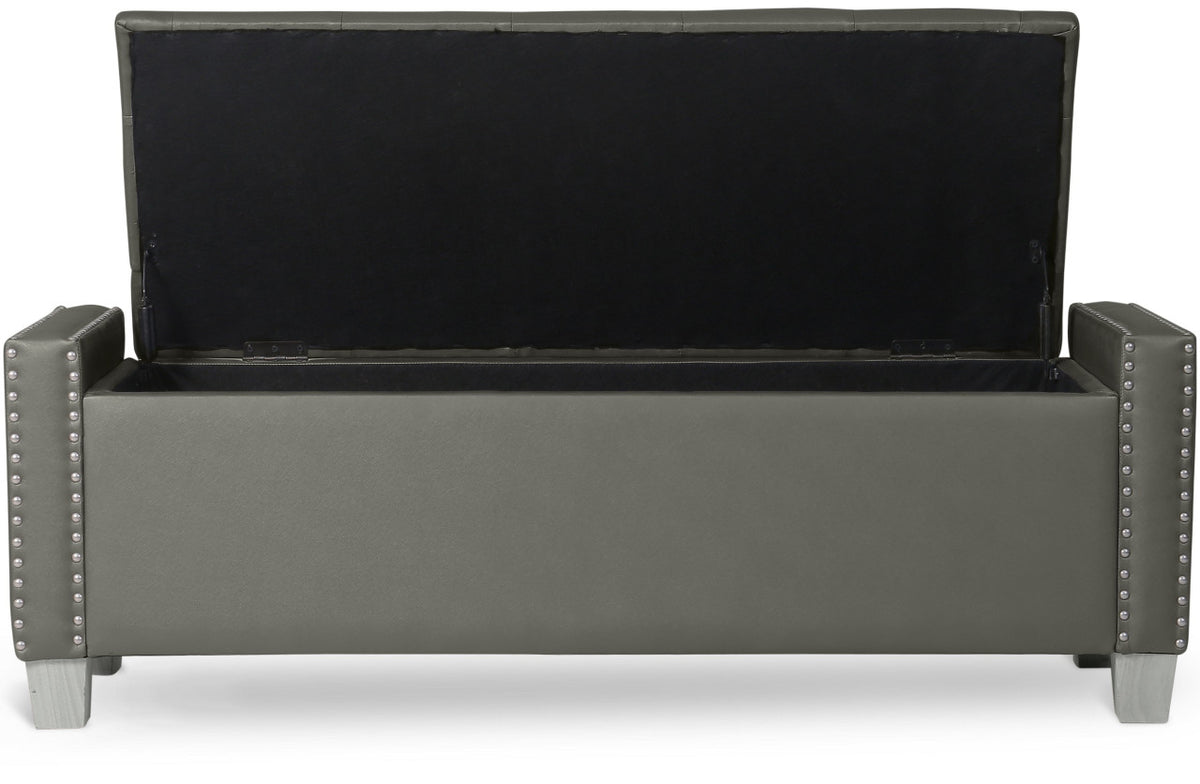 ELENA Silver Faux Leather 52" Wide Storage Bench