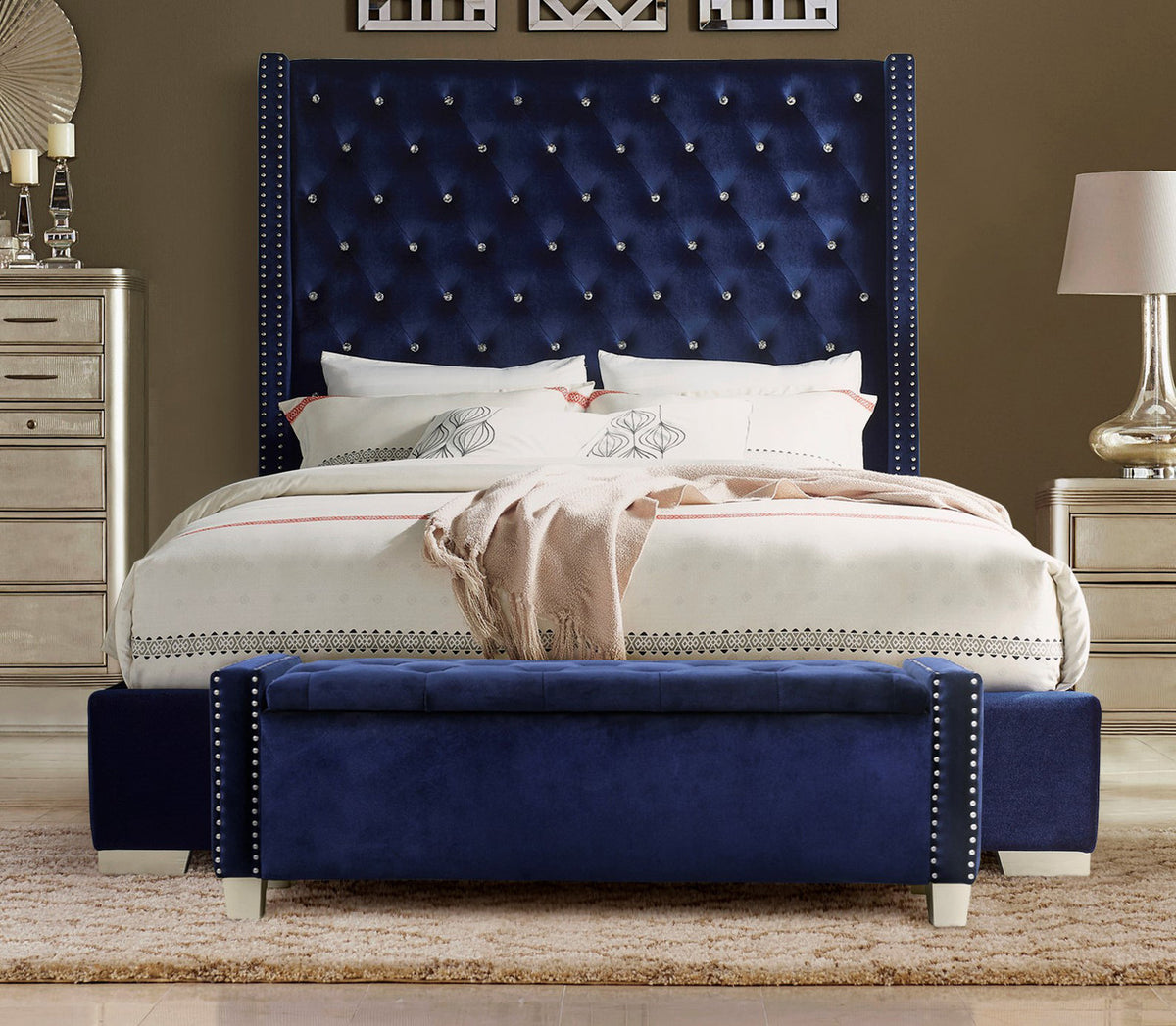 ELENA Blue Velvet 52" Wide Storage Bench