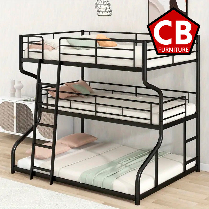 ELMCREEK Black Full over Twin over Queen Triple Platform Bunk Bed