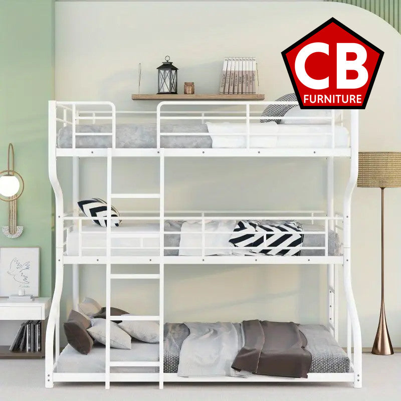 ELMCREEK White Full over Twin over Queen Triple Platform Bunk Bed
