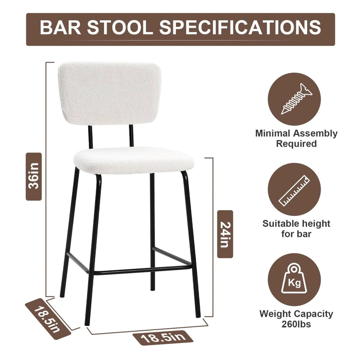 ELMWAY White Boucle/Sherpa 19" Wide Counter Height Bar Chair
