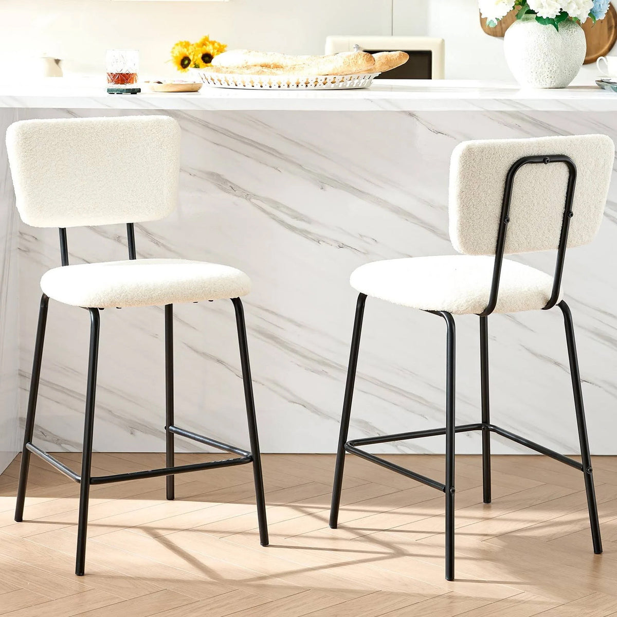 ELMWAY White Boucle/Sherpa 19" Wide Counter Height Bar Chair
