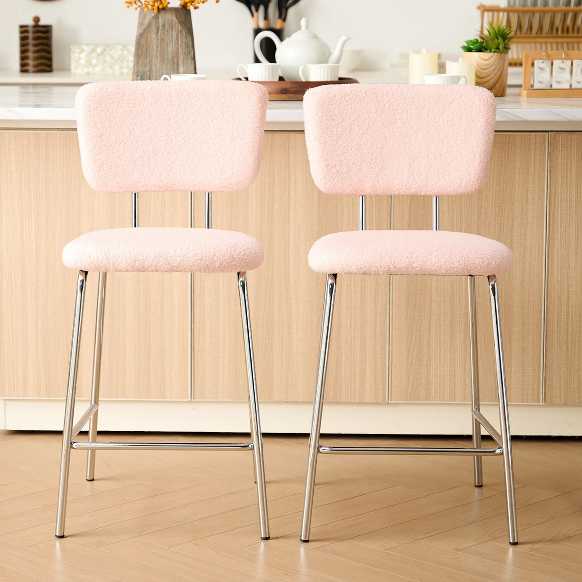 ELMWAY Pink Boucle/Sherpa 19" Wide Counter Height Bar Chair