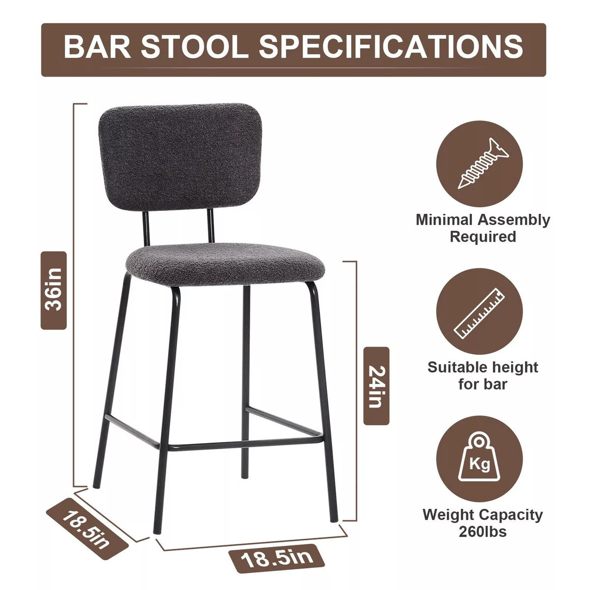 ELMWAY Dark Gray Boucle/Sherpa 19" Wide Counter Height Bar Chair