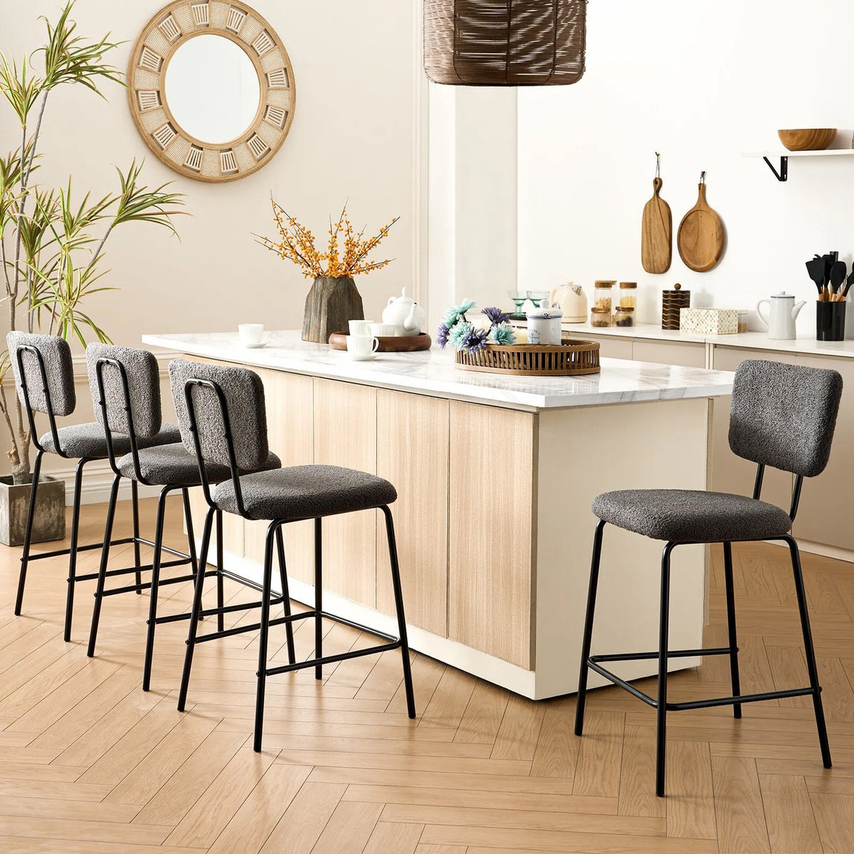 ELMWAY Dark Gray Boucle/Sherpa 19" Wide Counter Height Bar Chair