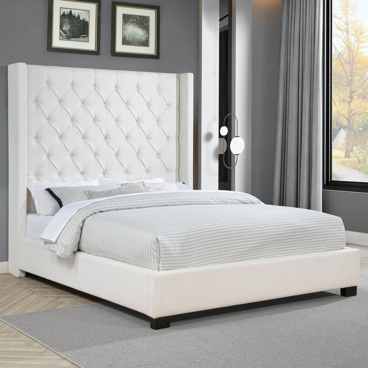 ENCANTO Beige Boucle Button-Tufted 68" Tall Bed