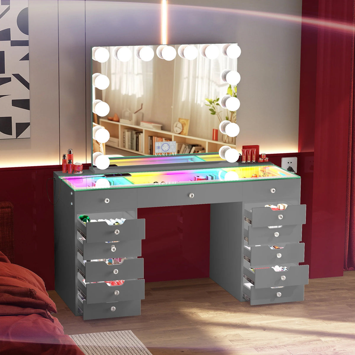 EVA RGB Plus Gray 60" Wide Vanity Desk Set with 13 Storage Drawers and 15 Bulbs Light Mirror