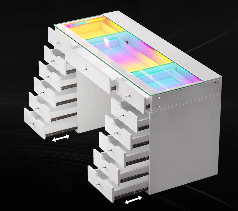 EVA RGB Plus White 60" Wide Vanity Desk Set with 13 Storage Drawers and 15 Bulbs Light Mirror