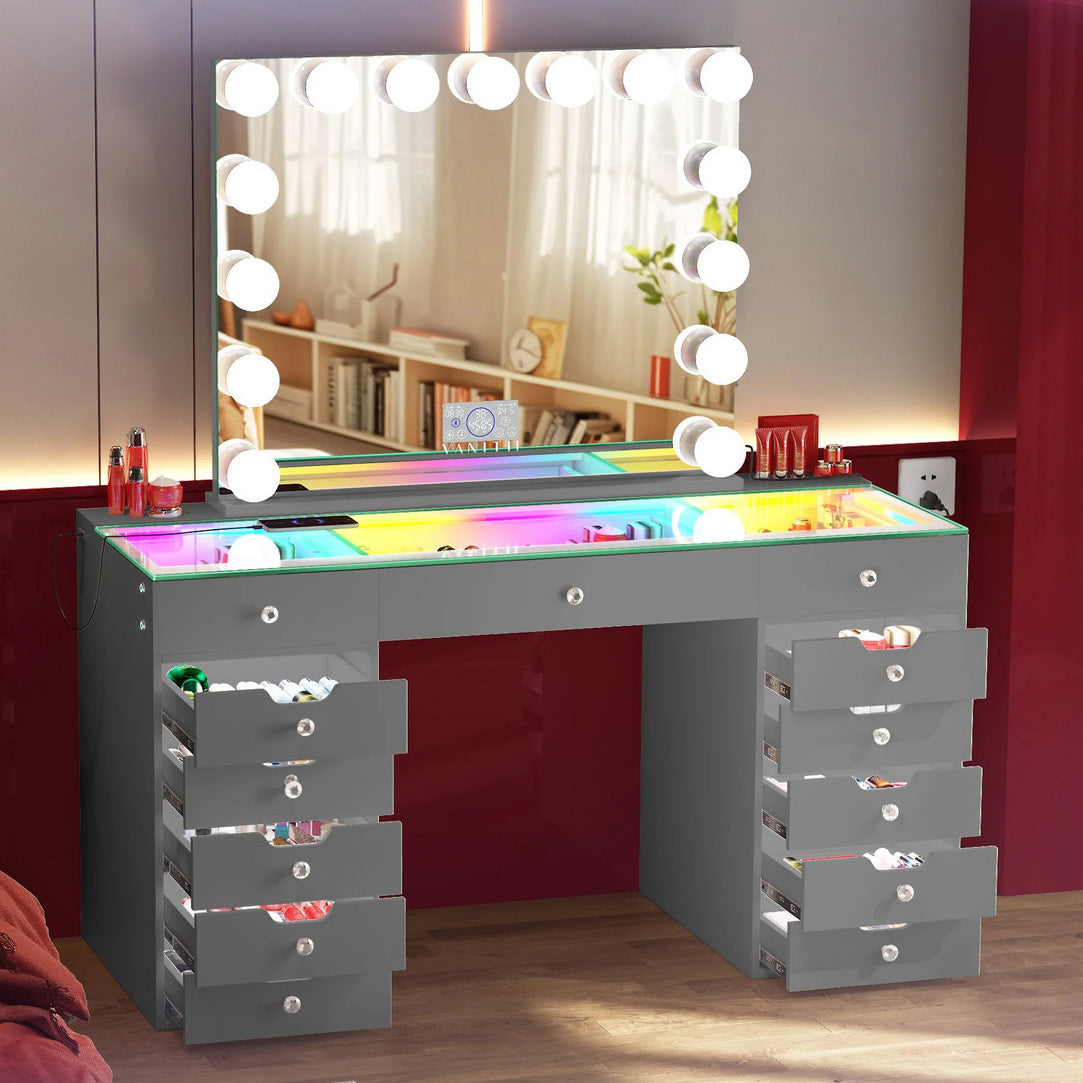 EVA RGB Plus Gray 60" Wide Vanity Desk Set with 13 Storage Drawers and 15 Bulbs Light Mirror