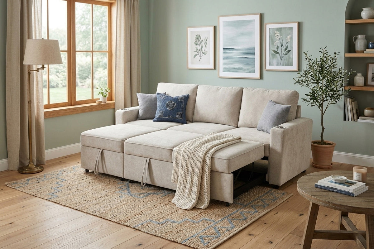 EVERLAND Beige 82" Wide Sectional with Pull-Out Sleeper