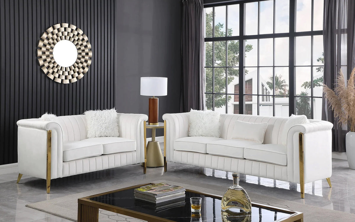EZBETT Cream Velvet & Gold Sofa & Loveseat