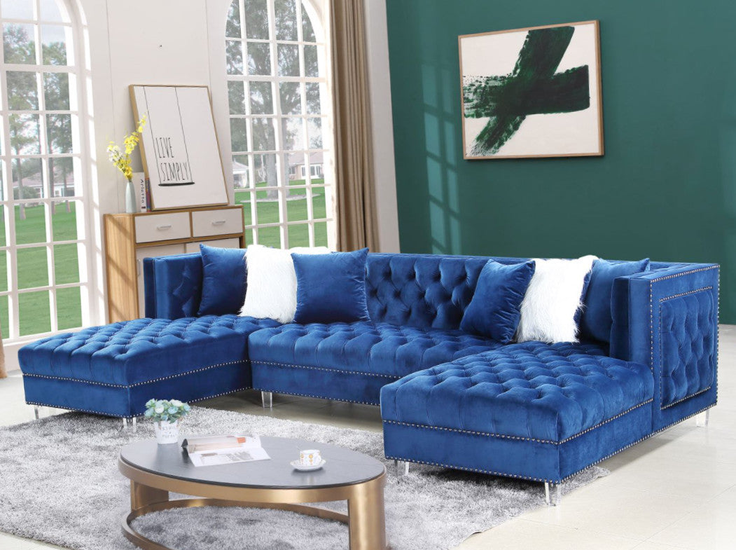 EZIRA Blue Velvet 123" Wide Double Chaise Sectional