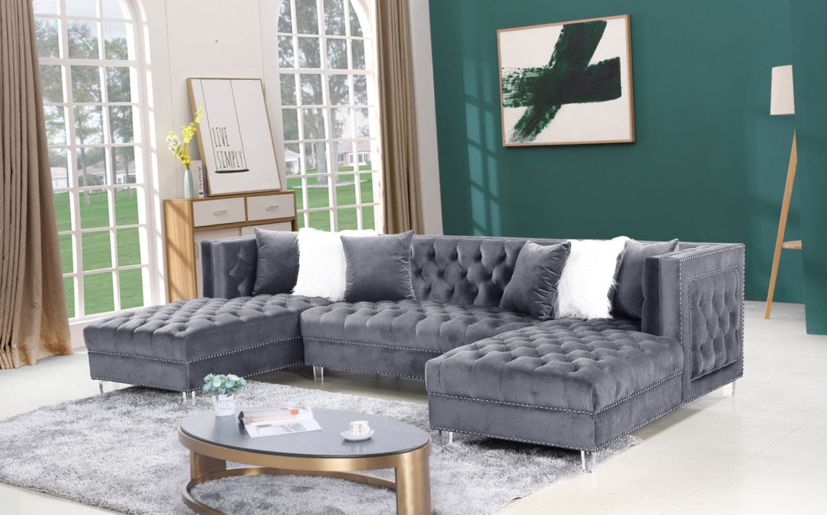 EZIRA Gray Velvet 123" Wide Double Chaise Sectional
