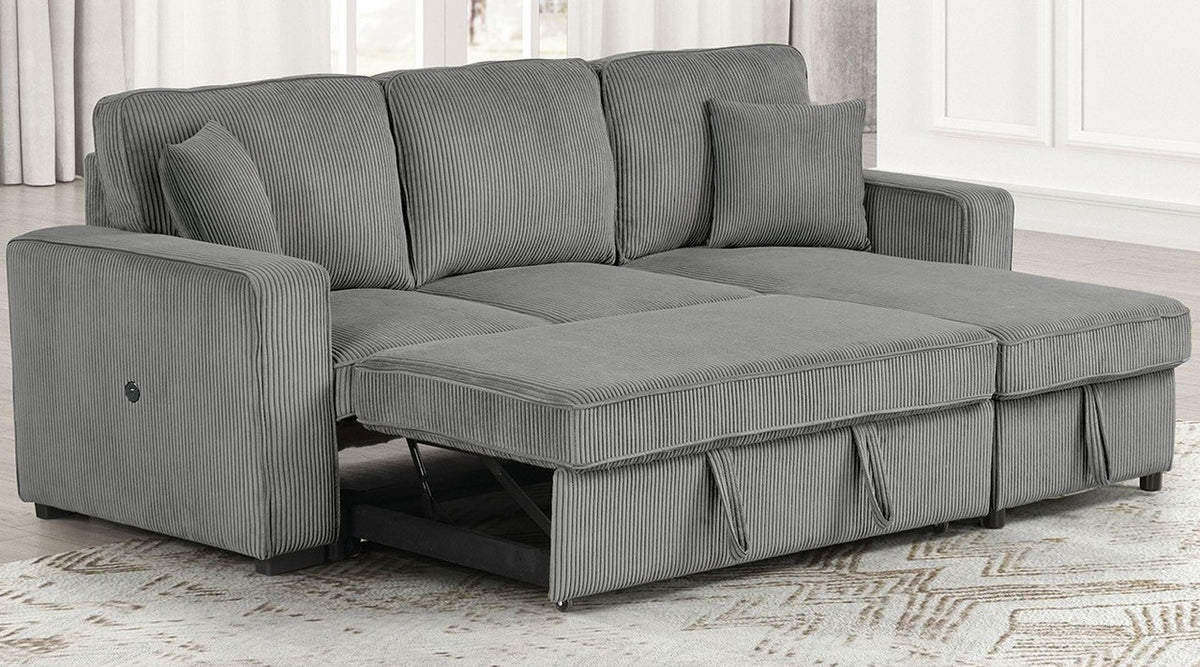 FARAH Gray 93" Wide Reversible Corduroy Sectional with Pull-Out Sleeper & Storage
