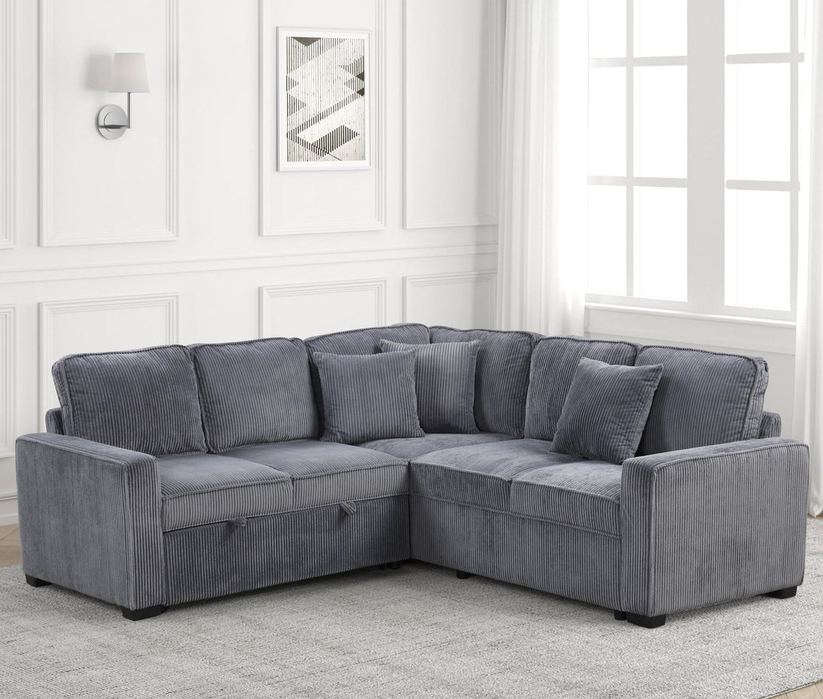 FAZIOLI Gray Corduroy 84" x 84" Sectional with Pull-Out Sleeper