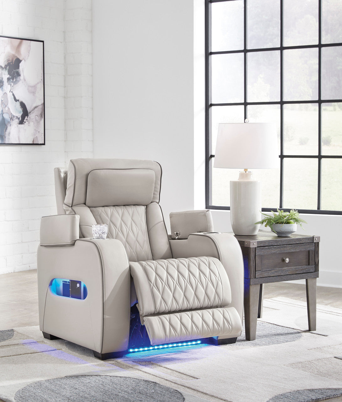 FINEZA Light Gray 100% Leather 39" Wide Power Recliner
