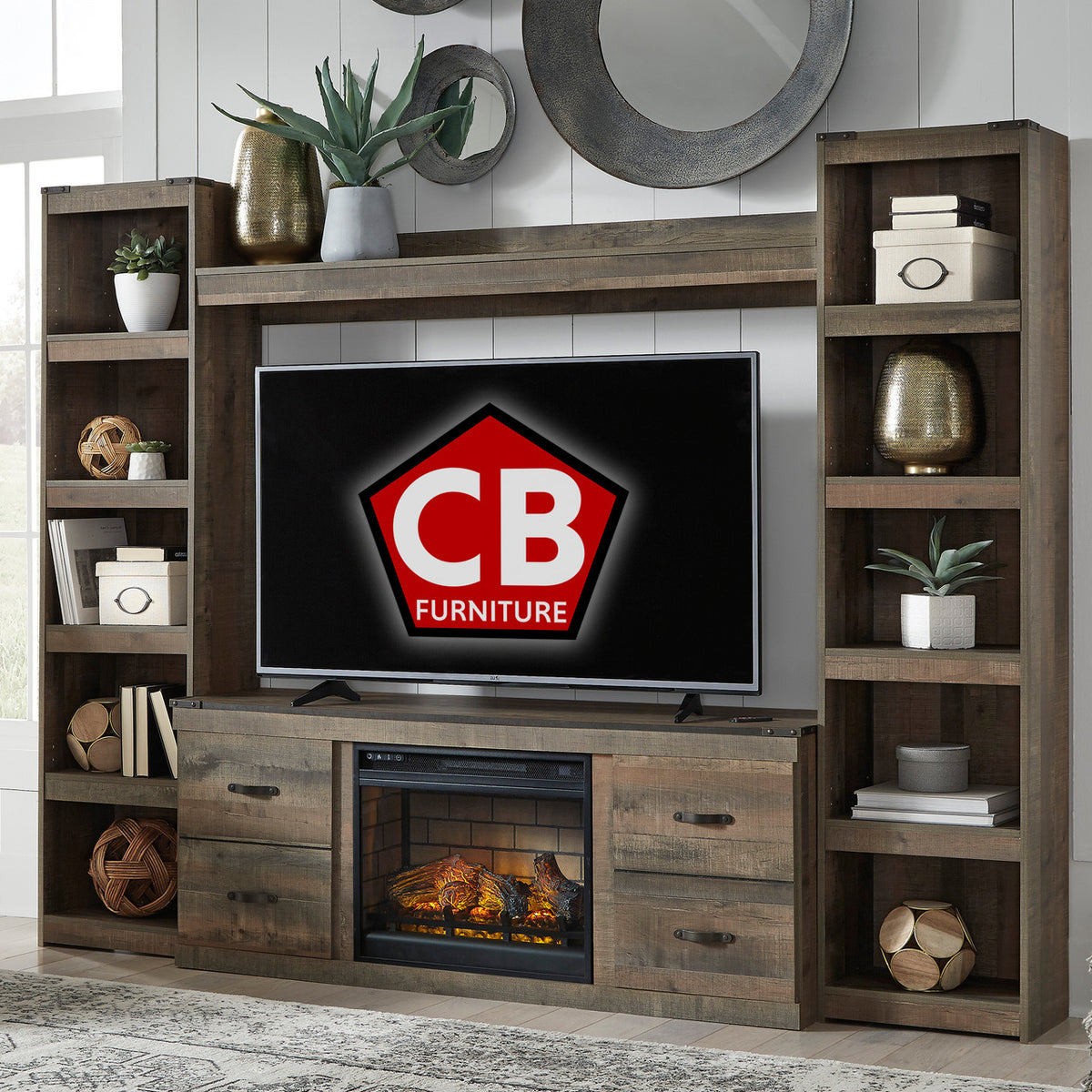 FRANKFURT Brown 95" Wide Wall Unit with Fireplace (RTA)