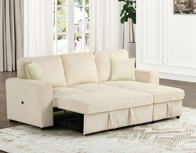 FARAH Beige 93" Wide Reversible Corduroy Sectional with Pull-Out Sleeper & Storage