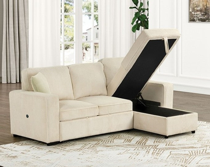 FARAH Beige 93" Wide Reversible Corduroy Sectional with Pull-Out Sleeper & Storage