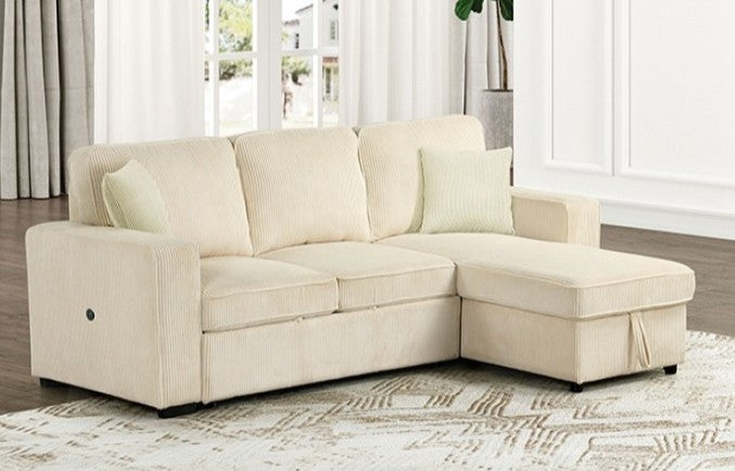 FARAH Beige 93" Wide Reversible Corduroy Sectional with Pull-Out Sleeper & Storage