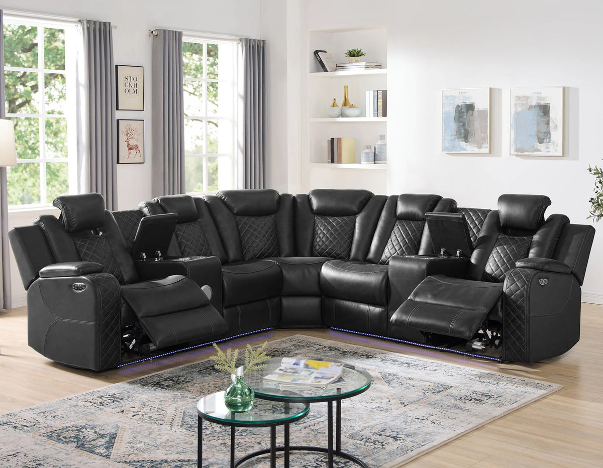 GALACTICA Black 99" Wide Power Reclining Sectional with LED's