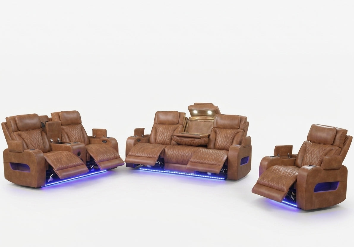 GAMBIT Caramel Brown Livingroom with Bluetooth Speakers & LED Lighting